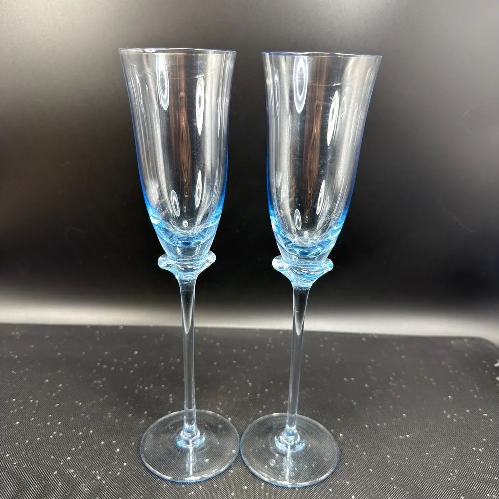 Cristal D'Arques Blue Champagne Flutes Set of 2 Lead Crystal 9.5 Inch Tall Glass